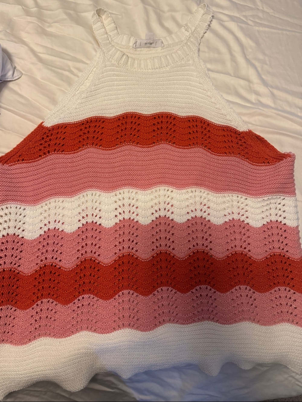THML Crochet Halter Tank Top in White, Pink & Red-Orange